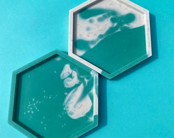 Teal Coaster Set - Teal Jesmonite Hexagon Coasters - Dopamine Decor, Maximalist Decor