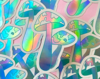 Teal Mushroom Sticker - Holographic Cow Print Mushroom Sticker