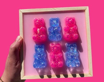 Periwinkle and Pink Glitter Gummy Bear Wall Art - 6 x 6 - Maximalist Decor, Dopamine Decor, 3D Wall Art