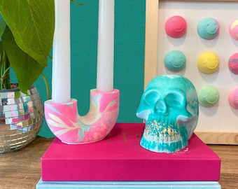 Maximalist Decor - Decorative Skull, Eclectic Decor, Dopamine Decor, Teal Decor