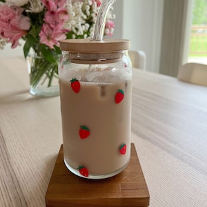 Strawberry Glass Cup for Iced Coffee, Strawberry Cup, Birthday Bridal Shower Gift, Bridesmaid Gift, Iced Coffee Glass, Coquette Cup