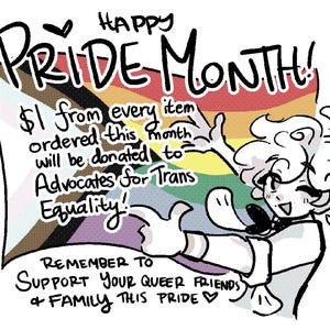 K&ouml;nnte beinhalten: Eine digitale Illustration mit einer wehenden Progress Pride Flagge und dem Text Happy PRIDE MONTH! $1 from every item ordered this month will be donated to Advocates for Trans Equality! REMEMBER TO SUPPORT YOUR QUEER FRIENDS & FAMILY THIS PRIDE