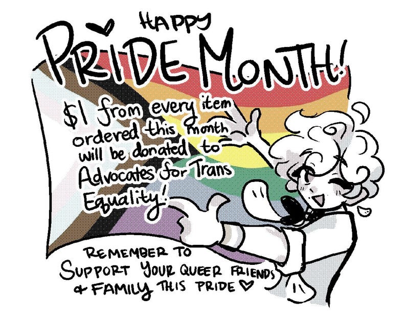 K&ouml;nnte beinhalten: Eine digitale Illustration mit einer wehenden Progress Pride Flagge und dem Text Happy PRIDE MONTH! $1 from every item ordered this month will be donated to Advocates for Trans Equality! REMEMBER TO SUPPORT YOUR QUEER FRIENDS & FAMILY THIS PRIDE