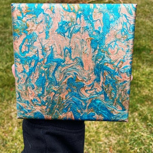 5x5 gold brown blue metallic fluid abstract painting