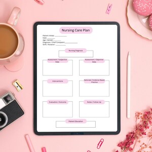 May include: A digital tablet displaying a "Nursing Care Plan" form, surrounded by pink accessories. A cup of coffee, a vintage camera, and pink pastries are also visible. A white stylus and pink flowers complete the scene.