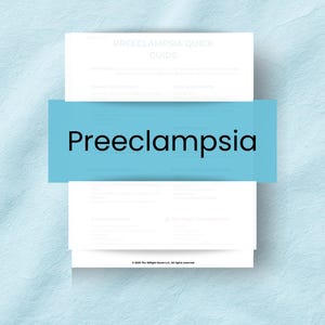 Peut inclure: Une pile de papiers blancs avec le titre "Preeclampsia Quick Guide" en haut. Le mot "Preeclampsia" est en grandes lettres noires sur une bannière bleu clair au centre des papiers. Le fond est bleu clair.
