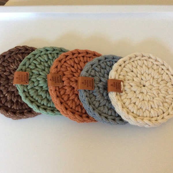 Set of 2 Round Cotton Coasters With Leather Accent, Hand Crocheted Coasters, Farmhouse/Boho/Modern Home Decor