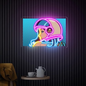 Obra de arte acrílica con luz de neón de astronauta, decoración de pared para dormitorio, arte pop de astronauta femenina, decoración con temática espacial, arte de ciencia ficción, regalo para ella
