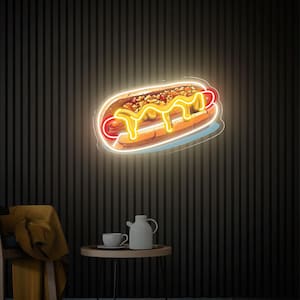 Hot Dog UV Print Neon Sign, Custom Fast Food Neon Sign, Hot Dog Shop Restaurant Decor, Cafe Bar Home Room Neon Wall Art, Business Logo Sign