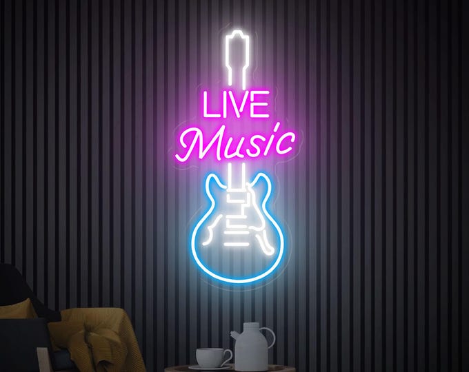 Live Music Neon Sign, Guitar Neon Sign Wall Art, Custom Neon Sign, Music Party Studio Decor, Music Lover Gift, Personalized Gift