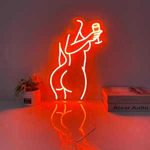 Woman with Wine Led Neon Sign, Female Body Aesthetic Neon Wall Art, Women Neon Sign Bedroom Decor, Custom Neon Sign Pub Decor, Gift for Her
