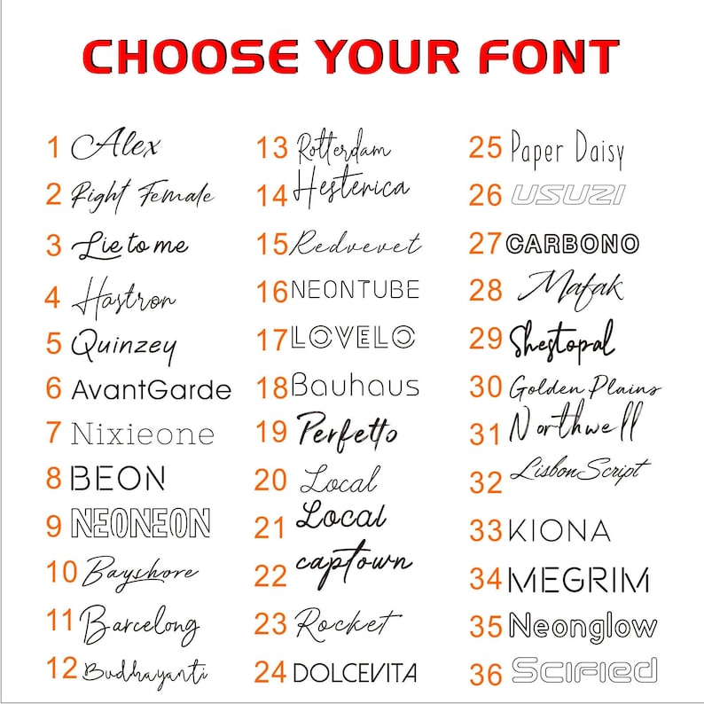 May include: Image displaying a selection of 36 different font styles, each numbered and named. The text "CHOOSE YOUR FONT" is at the top in red. Font styles range from classic to modern, with varying weights and designs.