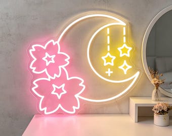 Sakura Moon Neon Sign, Custom Cherry Blossom LED Light, Japanese Wall Decor for Bedroom, Wedding & Party, Personalized Gift