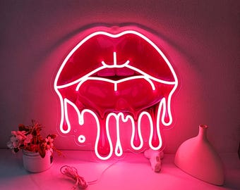 Dripping Lips UV Printed Neon Sign Handmade Acrylic Artwork Led Light Lips Art Beauty Wall Art Bedroom Neon Sign Pink Neon Sign Gift for Her