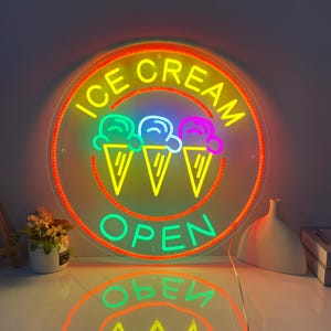 アイスクリームオープンネオンサイン、カフェショップストア壁装飾、デザートショップ用カスタムLEDサイン、アイスクリームバーサインネオンアート、オープンウェルカムサイン