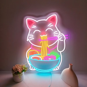 Letrero de neón de gato de la suerte con ramen de anime kawaii, letrero de neón de fideos ramen de gato para decoración de cocina, letrero de neón de anime japonés personalizado, letrero de bienvenida de gato de la suerte