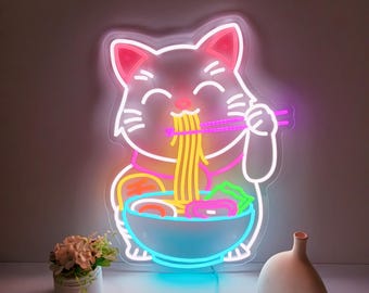 Kawaii Anime Ramen Lucky Cat Neon Sign, Kitchen Decor Cat Ramen Noodles Neon Sign, Custom Japanese Anime Neon Sign, Fortune Cat Welcome Sign