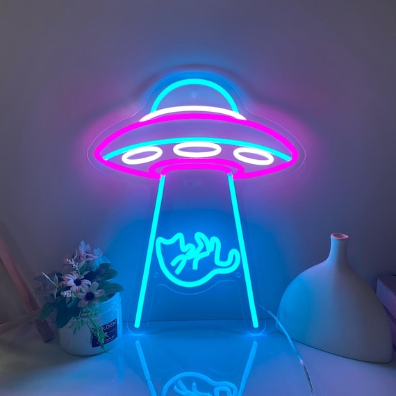 UFO Cat Neon Sign, Custom Cat LED Neon Light, Alien Cat Wall Decor for Game Room Bedroom, Birthday Gift for Cat Lover, Kids Room Neon Sign