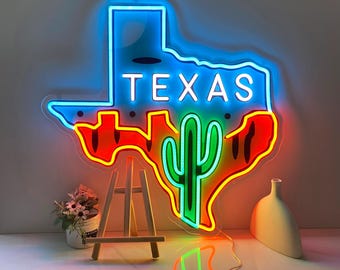 Texas Map LED Neon Sign Light Pop Art, Texas Shaped State Cactus Sign, Neon Wall Decor Custom Neon Sign Gifts for Him Room Decor for Husband