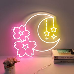Sakura and Moon Neon Sign, Sakura Neon Wall Art, Custom Neon Sign, Bedroom Moon Decor,  Game Room Decor, Cherry Blossom Neon Christmas Gifts