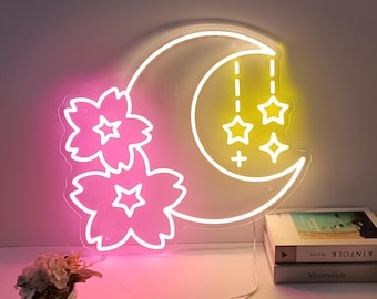 Sakura and Moon Neon Sign, Sakura Neon Wall Art, Custom Neon Sign, Bedroom Moon Decor,  Game Room Decor, Cherry Blossom Neon Christmas Gifts