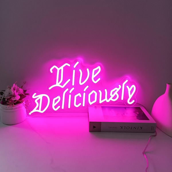 Letrero de neón "Vive Deliciosamente", arte para habitación oscura, decoración gótica de neón, letrero de bruja satánica, regalo de cumpleaños gótico, decoración de Halloween, letrero de terror gótico