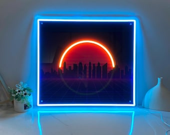Sunset Vaporwave UV Printed Neon Sign, Tropical Sunset Handmade Acrylic Artwork, Custom Neon Sign, Ideal Gift for Bedroom, Neon Wall Art