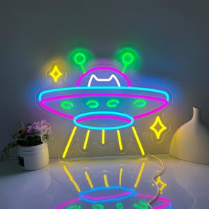 Neonreclame ufo, led-bord ufo kat, neon led kunst aan de muur, neonreclame gamekamer, aangepaste neonreclames, vliegende schotel slaapkamer decor, cadeau voor kinderen