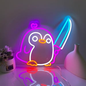 Uroczy neonowy znak pingwina, pingwin trzymający nóż pijący znak świetlny LED, niestandardowy neonowy znak anime, dekoracja pokoju gier, neonowy znak dla dzieci ze zwierzętami