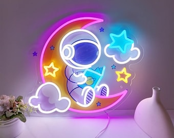 Astronaut Neon Sign, UV Print Acrylic Led Neon Sign, Astronaut Reading Book Artwork, Astronaut Wall Art, Bedroom Decor, Kids Gift