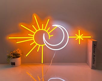 Sun Moon Star Neon Sign, Custom Celestial LED Light, Boho Wall Decor, Aesthetic Bedroom Light, Gift for Her