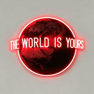 Puede incluir: Un letrero de neón rojo con las palabras blancas "THE WORLD IS YOURS", sobre una imagen roja de la Tierra. El letrero es circular con un borde blanco, creando un impacto visual llamativo.