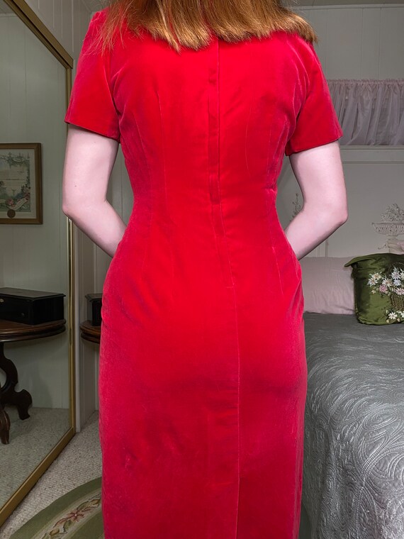 Vintage Red Velveteen Wiggle Dress - image 4