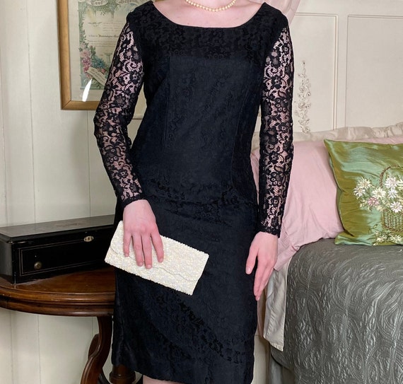 1950's Black Lace Wiggle Cocktail Dress - image 1