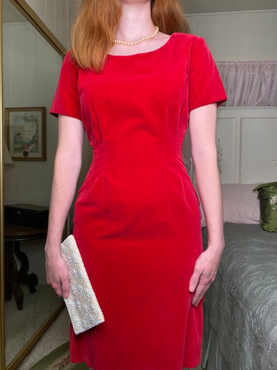 Vintage Red Velveteen Wiggle Dress - image 5
