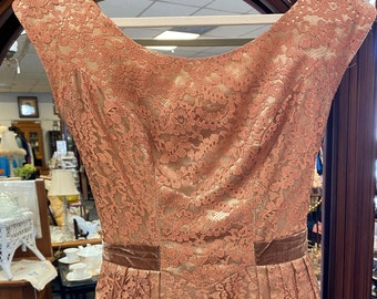 1950's Apricot Lace Cocktail Dress with Brown Velvet Ribbon Trim