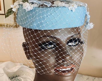 Vintage Blue Pill Box Hat Veil & Flowers
