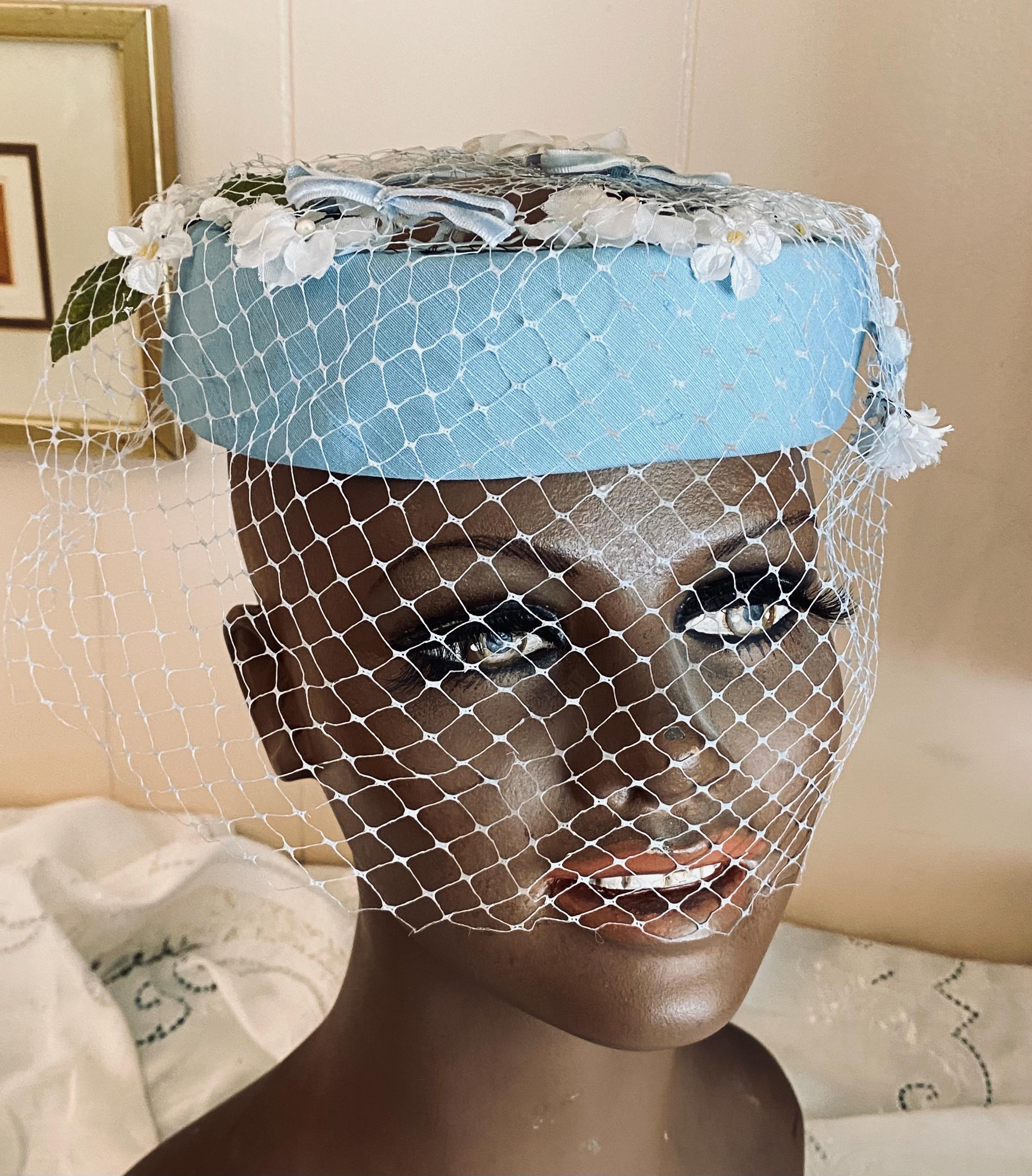 Vintage Pillbox Hat Fishnet Veil Velvet Satin Ribbon Beige Taupe Made in USA Straw pillbox bridal hat with birdcage veil main image 4