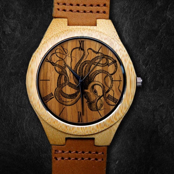 Octopus  Watch, Octopus Lover Watch, Unisex Watch, Bamboo Wooden Watch, Personalized Gift for Birthday, Anniversary & Festival