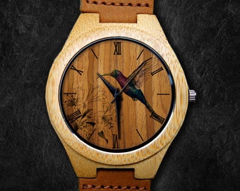 Hummingbird Watch, Bird Lover Watch, Realism Watch, Unisex Watch, Bamboo Watch, Personalized Gift for Birthday, Anniversary & Festival