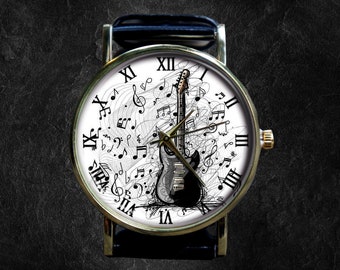 Reloj para amantes de la guitarra eléctrica, reloj con notas musicales, reloj unisex, reloj de metal, regalo personalizado para cumpleaños, Navidad, aniversario y festival