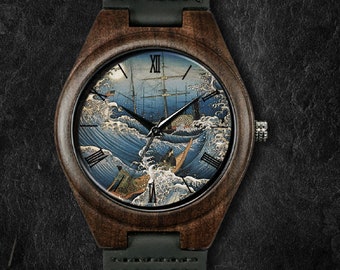 Japon : montre peinture Kanagawa, montre unisexe, montre en bois de noyer, cadeau personnalisé pour anniversaire, anniversaire ou festival