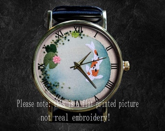 Fish in lotus pond Watch, Printing/Graphic NOT Anglicanum, Unisex Watch, Metal Watch,Personalized Gift for Birthday, Anniversary & Festival