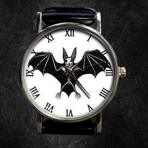 Bat watch, Wrist watch skeleton of a bat, Halloween watch, men's watches, Men's goth bat watch, unique watches, leather watches