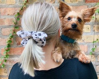 White with Black Paw Prints Cotton // HANDMADE Hair Scrunchie with Detachable Bow