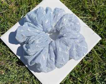 Blue Sheer & White Embroidery Scrunchie // Handmade Hair Scrunchie Hair Tie Knit Scrunchie