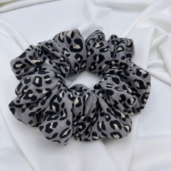 Leopard Print Cheetah Print Hair Scrunchie Grey and Black // Fluffy Scrunchie,Animal Print Scrunchie, Girls Hair Tie, Big Scrunchie