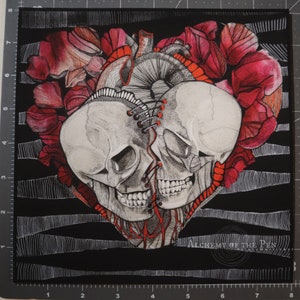 Remix 2 Fine Art Bamboo Print Valentine's Day Series Illustrated Anatomical Heart and Skull with Watercolor Red Roses image 3