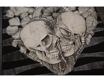Remix 3 Fine Art Bamboo Print of Original Art, Black and White Skull and Heart with Roses Illustration