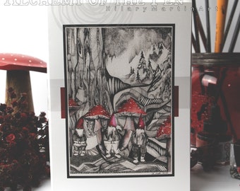 6 Pack Nisse Folklore Holiday Card Set, Fly Agaric Amanita Muscaria Stationery Bundle, Mushrooms and Gnomes Christmas Card